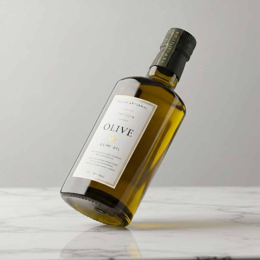 Premium olive oil bottle packaging with sophisticated label design